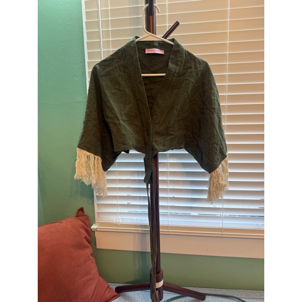 Nichole Lynel Top Womens S Olive Green Cropped Wrap Cream Fringe Tie Boho